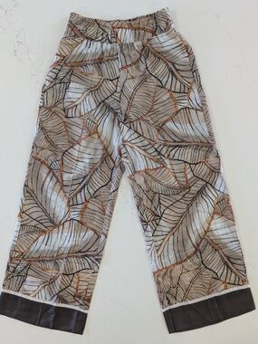 Brunello Cucinelli $3500 Silk Wide Leg Pants Leaf Print Beige Orange Size 2 NWT